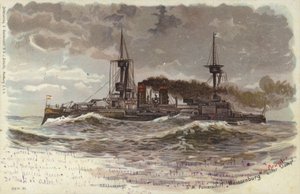 Tysk slagskib SMS Weissenburg, slutningen af det 19. eller begyndelsen af det 20. århundrede (farve litho) af German School