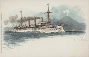 Tysk krydser Gefion i Napoli-bugten, Italien (chromolitho) af German School