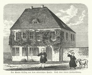 Den tyske filosof og dramatiker Gotthold Ephraim Lessing uden for sin fars hus i Kamenz som dreng (stik) af German School