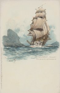 Det tyske træningsskib Stosch forlader Rio de Janeiro, Brasilien (chromolitho) af German School