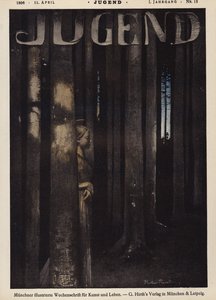Pige går i en skov om natten (farve litho) af German School