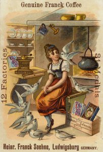 Pige med duer, der reklamerer for ægte Franck-kaffe af German School