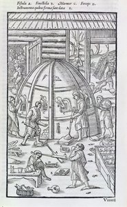Glasværk, illustration, der viser marmorovnen og glaspustere (træsnit) af German School