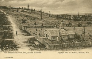 Guvernør William Bradfords hus, Plymouth Colony (litho) af German School
