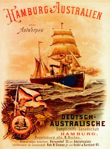 Hamborg - Australien, plakat, der reklamerer for det tyske australske dampskibsselskab, 1889