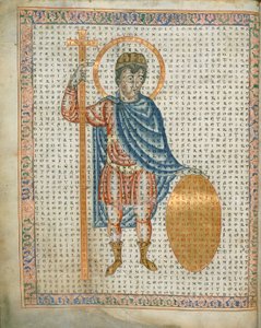 Harley 3045 fol.2 Kejser Ludvig I, den fromme, med kors og skjold, fra 