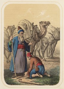Harun al Rashid og Abdallah i en scene fra Tusind og én nat (farve litho) af German School