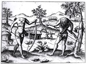 Hovedløse mænd og kvinder, illustration fra Sir Walter Raleighs beretning om Guyana, offentliggjort i Nürnberg, 1599 af German School