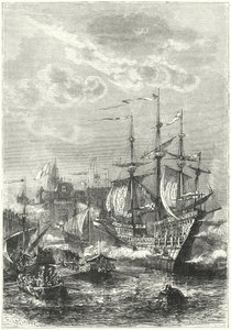 Henrik VIII og den engelske flåde lander ved Calais af German School