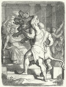 Herakles bringer Cerberus til kong Eurystheus (gravering) af German School