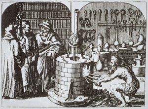 Hermetiske filosoffer og en alkymist, fra Museum Hermeticum af Michael Majer (1625) illustreret i en magisk historie udgivet i slutningen af det 19. århundrede af German School