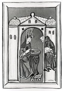 Hildegard af Bingen modtager lyset fra himlen, ca. 1151 (vellum) (s/h foto) af German School