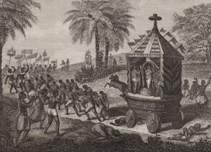 Hindutilbedere trækker en bil af Juggernaut i det gamle Indien. Illustration til Bilder-Atlas (gravering) af German School