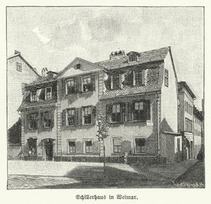 Digterens, dramatikeren og filosoffen Friedrich Schillers hus, Weimar, Tyskland (litho) af German School