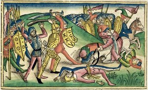 I Kongebog 15 16 Krig mellem Asa og Baasha, fra Nürnbergbibelen (Biblia Sacra Germanaica) (farvet træsnit) af German School