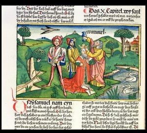 I Samuel 10 Sauls kroning og salvelse, fra Nürnbergbibelen (Biblia Sacra Germanica) (farvet træsnit)
