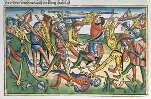 I Samuel 28 1-2 Filisternes krig mod Israel, fra Nürnbergbibelen (Biblia Sacra Germanaica) (farvet træsnit) af German School