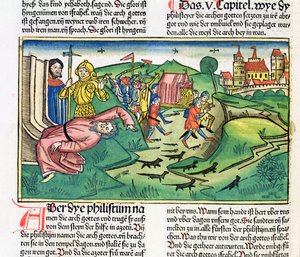 I Samuel 5:1-11 Filisterne griber arken og bliver ramt af pesten, fra Nürnbergbibelen (Biblia Sacra Germanaica) (farvet træsnit)