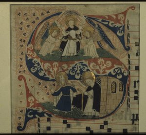 Oplyst bogstav S fra en antifon (pensel, blæk, akvarel og bladguld på vellum) af German School