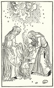 Illustration fra en afhandling af Ulrich Molitor om spåmænds kvinder og hekseri (gravering) af German School