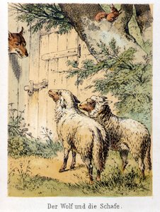 Illustration af Franz Hoffmanns fortællinger "" Fortællinger og fabler - Ulven og fårene"": en ulv, der taler med de to får. Kromolitografi af det 19. århundrede. af German School