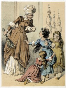 Illustration af Franz Hoffmanns fortællinger "" Tales et Fables - Les 3 Gifts"": en kvinde misbrugte de 3 piger. Kromolitografi af det 19. århundrede. af German School