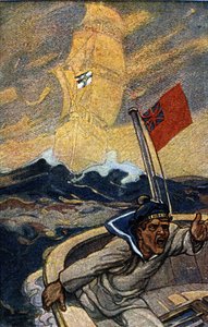 Illustration af tysk propaganda fra magasinet Jugend under 1. Verdenskrig. En engelsk sømand bliver terroriseret over udseendet af et spøgelsesskib, der sejler under Rigets flag. af German School