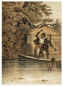 Illustration af erobringen af Amazonas-floden af europæere. i “De Bootslieden der Amazon-River”, Karl Muller, Holland af German School
