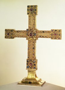 Imperial Cross of the Holy Roman Empire lavet af eg dækket af plader af guld og dekoreret med perler og ædelsten, vesttysk, 1024-25 (eg, guld, ædelsten og perler)
