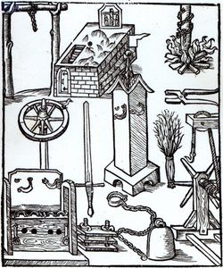 Instrumenter til henrettelse, straf og tortur, illustration fra Bamberger Halsgericht, 1507 af German School