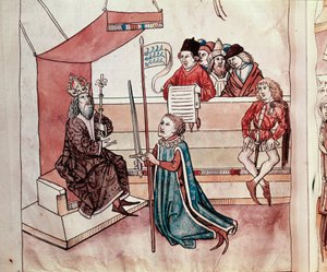 Investitur af en ridder. Miniature fra "Krøniker fra Konciliet i Konstanz" af Ulrich Richental (1360-1437) 1438 ca. Prag, nationalbibliotek af German School