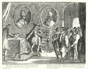 James II af England nægter at tillade parlamentet at sidde (gravering) af German School