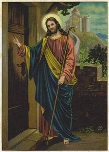 Jesus banker på døren til et hus (farvelitografi) af German School