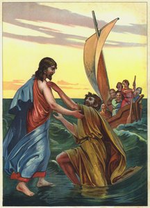 Jesus går på vandet (farvelitografi) af German School