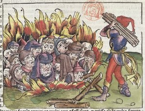 Jøder brændt på bålet, fra Nürnberg-krøniken af Hartmann Schedel (1440-1514), 1493 (farvetræsnit) af German School