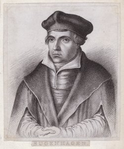 Johannes Bugenhagen (Doktor Pomeranus), tysk præst og teolog, der introducerer den protestantiske reformation til Pommern og Danmark (stik) af German School