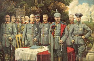 Kaiser Wilhelm II af Tyskland og hans generaler (farve litho) af German School