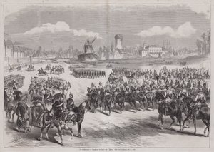 Kaiser Wilhelm I af Tyskland ser sin hærparade i Longchamp, Paris, Frankrig, marts 1871 (gravering) af German School