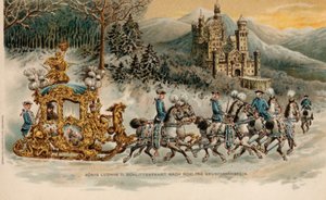Kong Ludwig II af Bayern på vej til Neuschwanstein Slot i en gylden kane (chromolitho) af German School