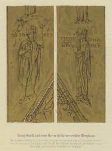 Kong Otto III og hans mor Theophania, kejserindekonsort af Otto II, hellig romersk kejser (farve litho) af German School