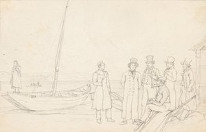 Lakeside scene med syv figurer af German School