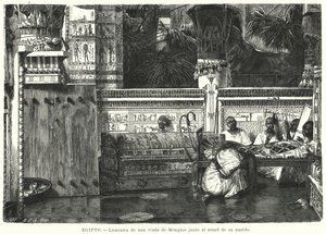 En enkes klagesang ved siden af sin mands kiste i Memphis, det gamle Egypten (litho) af German School