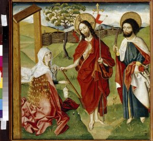 Kristus, Maria Magdalene og Sankt Barthélemy (eller Nathanael, apostel) (Kristus, Maria Magdalene og Sankt Bartolomæus). Kan være en repræsentation af ""Noli me tangere"": visionen om den opstandne Kristus ved Sankt Maria Magdalena. Jesus Kristus holder en af German School