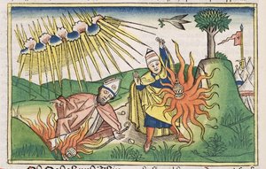 Tredje Mosebog 10 1-2 Nadab og Abihu ofrer uhellig ild og dør, fra Nürnbergbibelen (Biblia Sacra Germanaica) (farvet træsnit) af German School