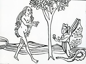 Lilith, bevinget og kronet, med slangehale, tilbyder æblet til Eva, fra 