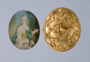 Medaljon med miniature af Wilhelmine som Diana, midten af 1700-tallet (forgyldt messing, elfenben og glas)