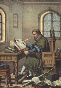 Luther forklædt som Junker Jorg i Wartburg-oversættelse af Det Nye Testamente (chromolitho) af German School