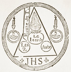 Magic Circle, kopi af en illustration fra Dreyfacher Hollenzwang af Dr. Faustens, Passau 1407, gengivet i Das Kolster Vol V, af J Scheible, 1845, brugt i en magihistorie, udgivet sent i det 19. af German School