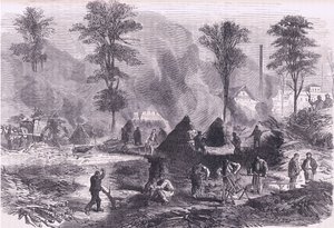 Fremstilling af trækul til krudt, Cassells historie om krigen mellem Frankrig og Tyskland udgivet af Cassell and Company Limited, ca. 1890 (litho) af German School