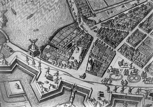Kort over Hamborg, der viser dets første operahus, 1690
